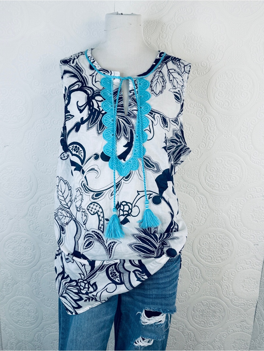 Talbots Size XL Women's Blue White Floral Paisley Cotton Tunic Top Split Neck